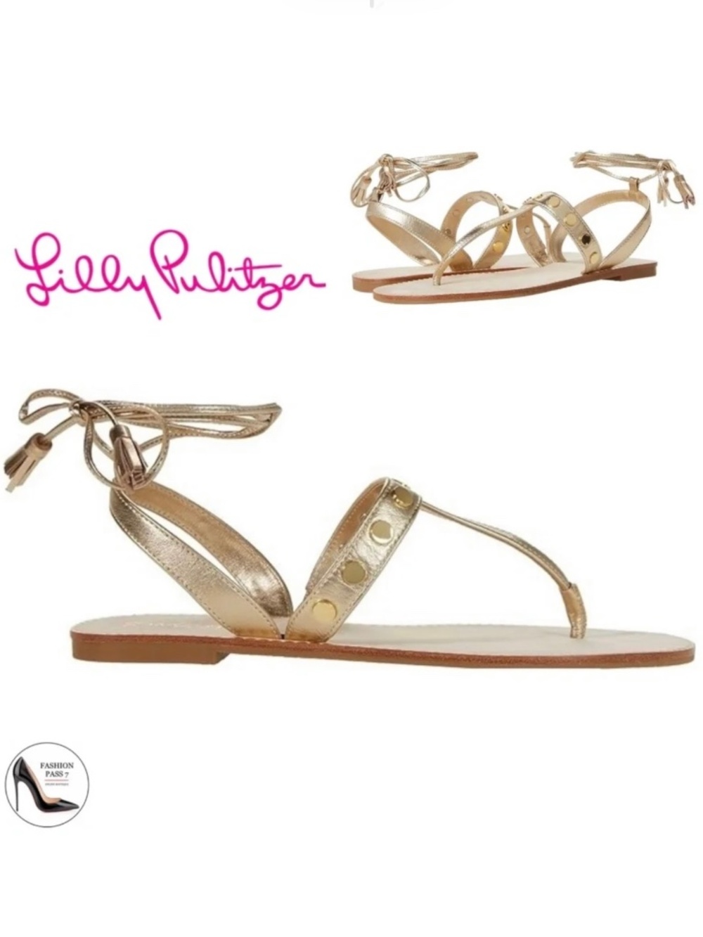 Lilly Pulitzer Womens Metallic Gold Leather Embellished Lace-Up Flat Sandals 8.5